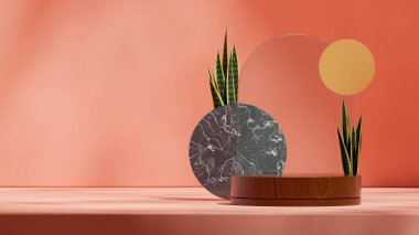 3D modelleme uzay ahşap dokusu eğri silindir podyumu peyzaj kemeri ve daireler