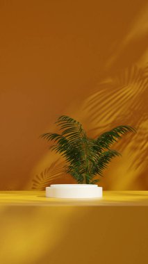 3D modelleme sahnesi, sarı renkli kıvrımlı silindir podyumu, portre içinde en aza indiriliyor