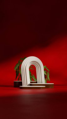 Boş alan ahşap dokusu, bükülmüş silindir podyumu, portre kemer arkaplan, 3d görüntüleme