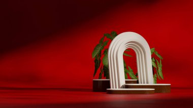 Boş alan ahşap dokusu eğri silindir podyum peyzaj arkası, 3d görüntüleme