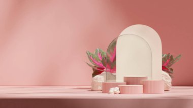 Kemerler ve kayalar, manzaradaki 3D görüntü şablonu pembe renkli kıvrımlı silindir podyumu