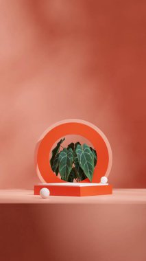 kırmızı renk blok şekil podyumu portre dairesel arkaplan, 3d görüntü oluşturma şablonu modelleme