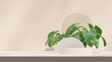 3D canlandırma sahnesi beyaz renkli kıvrımlı silindir podyum manzara dairesi ve kemer