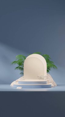 boş model mavi renkli kıvrımlı silindir podyum portre kemerleri ve kayalar, 3D resim oluşturma