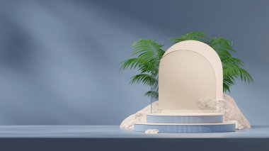 boş model mavi renkli kıvrımlı silindir podyum peyzaj kemerleri ve kayalar, 3D resim oluşturma