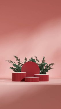 dairesel arkaplan, 3d resim, portrede boş model kırmızı renkli kıvrımlı silindir podyumu