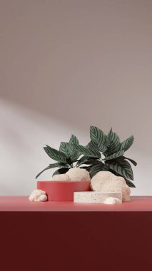 Portredeki 3d biçimlendirme şablonu kırmızı renkli kıvrımlı silindir podyum kayalar arka planda