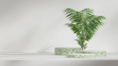 Mockup space terrazzo desen kıvrımlı silindir podyum manzara minimumda, 3D görüntüleme