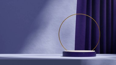 peyzaj dairesi halka ve perdede, 3d görüntüyü boş, mor renkli, kıvrımlı silindir podyum haline getirir.