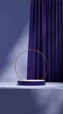 Portre dairesi halka ve perdede, 3d görüntüyü boş, mor renkli, kıvrımlı silindir podyum haline getir