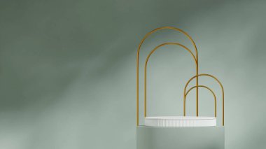 peyzaj kemeri arkaplanında, 3d görüntüyü boş hale getirir yeşil renkli kıvrımlı silindir podyum