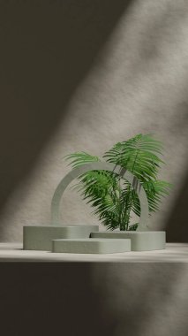 Dairesel arkaplan, 3D canlandırma sahnesi seramik yapı bükülmüş blok podyumu portresi