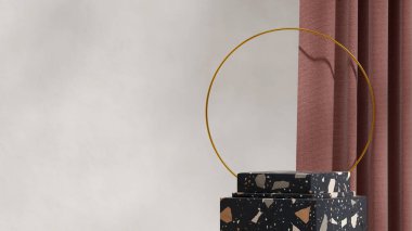 terrazzo desen blok şekil podyumu peyzaj dairesi halka ve perde, 3D görüntü canlandırma sahne şablonu