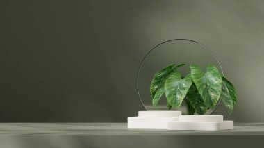 peyzaj cam çemberinde yeşil renk bloğu ve silindir podyumu, 3D görüntüleme şablonu modelleme