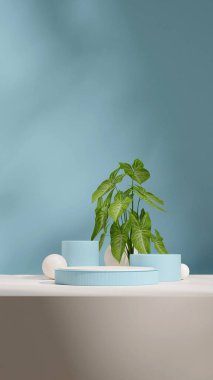 Portre silindiri ve kürede mavi renkli kıvrımlı silindir podyumu, 3d resim düzenleme şablonu