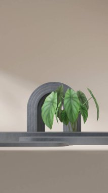 3d görüntü modelleme şablonu portre kemeri ve kürelerde siyah renk eğimli blok podyumu