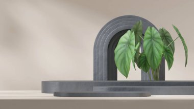 3d görüntü modelleme şablonu peyzaj kemeri ve kürelerde siyah renk eğimli blok podyumu