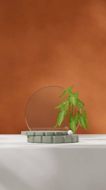 sahne mockup seramik doku eğimli silindir podyum portre cam daire, 3d oluşturma