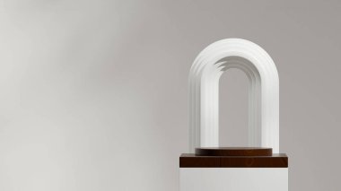 peyzaj kemeri ve kürelerde, 3D boş sahne ahşap doku bloğu ve silindir podyumu oluşturur.