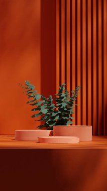 duvar arkaplanı, 3D canlandırma sahnesi turuncu renk bloğu ve silindir podyumu portrede