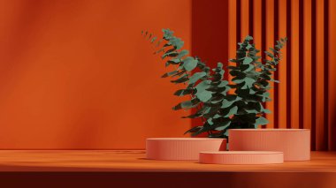 duvar arkaplanı, 3D canlandırma sahnesi turuncu renk bloğu ve manzara silindir podyumu