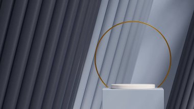 peyzaj dairesi ve silindir içinde mavi renk bloğu ve silindir podyumu, 3d görüntü oluşturma sahnesi