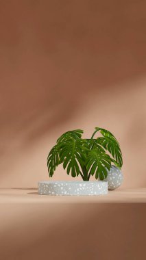 Mockup space terrazzo desen kıvrımlı silindir podyum portre küresi arkaplan, 3D görüntüleme