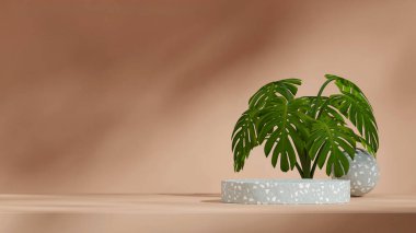 Mockup space terrazzo desen kıvrımlı silindir podyum peyzaj arkaplanı, 3D görüntüleme