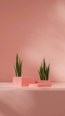 Portredeki pembe renk bloğu şekil podyumu en az sahne, 3d görüntü boşluk oluşturur