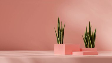 Pembe renkli blok şekilli podyum manzara minimumu, 3D görüntü boş alanı görüntüler