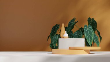 3D resim boş sahne portakal rengi kıvrımlı silindir podyumu peyzaj silindiri ve vazo