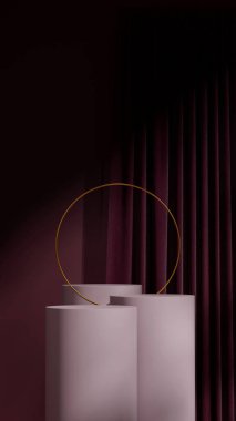 daire halka ve perde, 3d resim boş mockup kırmızı renkli kıvrımlı silindir podyum portrede