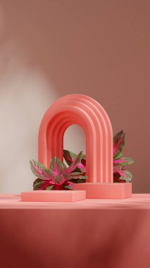 Portre kemeri arkaplanındaki 3d görüntüyü boş alan pembe blok şekil podyumuna dönüştür