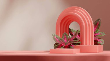 3D görüntüyü boş alan pembesi blok şekil podyumu peyzaj arkasıName