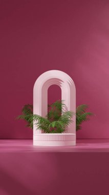 Portre kemeri ve küreler içinde şablon modelleme pembe renkli kıvrımlı silindir podyumu, 3D görüntüleme