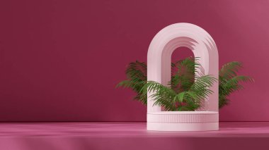 Manzara kemeri ve küreler içinde şablon modelleme pembe renkli kıvrımlı silindir podyumu, 3D görüntüleme