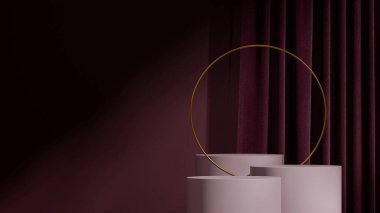daire halka ve perde, 3D resim boş modelleme kırmızı renkli kıvrımlı silindir podyum manzarada