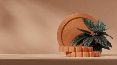 3D canlandırma sahnesi kahverengi renkli kıvrımlı silindir podyum peyzaj dairesi arka planında