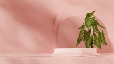 peyzaj kemeri arkaplanında, 3d resim biçimlendirme alanı pembe renk bloğu podyumu