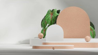 mermer desen eğimli blok podyumu peyzaj kemeri ve küreler, 3D görüntü canlandırma sahne şablonu