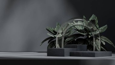 peyzaj cam kemerinde, 3d modelleme uzayı mor renkli blok şekil podyumu