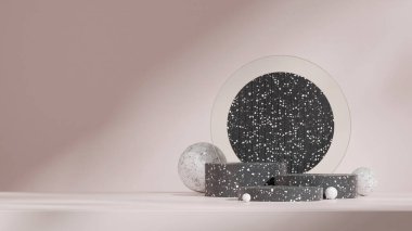 Daireler ve küreler, boş uzayın üç boyutlu görüntülenmesi. Mor renkli, kıvrımlı silindir podyum manzarada