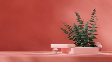 Model sahne pembe renk bloğu ve silindir manzara minimum görüntü, 3D görüntüleme