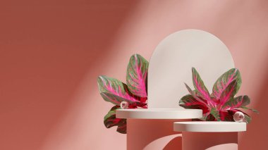 Peyzaj kemeri ve kürelerdeki pembe renkli kıvrımlı silindir, 3D görüntü düzenleme şablonu