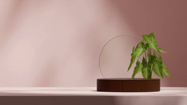 Ahşap desen eğimli silindir peyzaj dairesi arka planında, 3D resim boş alanı oluşturur