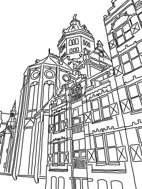 Mimari evleri olan eski bir caddenin taslağı.