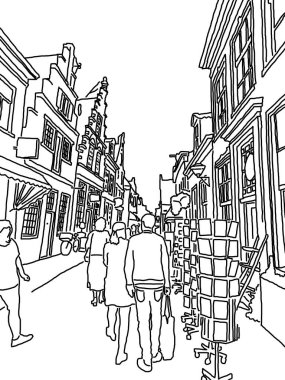 sketch of the street market of a european city on a white background