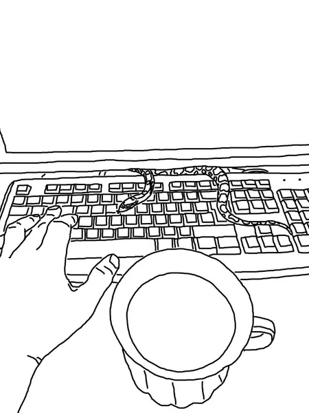 sketch of a person\'s hand typing on a keyboard at home