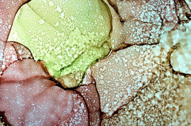 Bir güzellik teması için yeşil-kahverengi renkli kuru damlalarla bulanık arkaplanın soyut arkaplanı