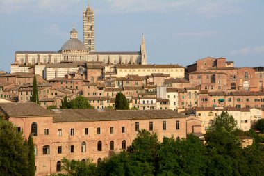 Kırmızı evleri olan Siena Panoraması, İtalyan Romanesk-Gotik tarzı katedral ve Piazza del Campo manzaralı Torre del Mangia..